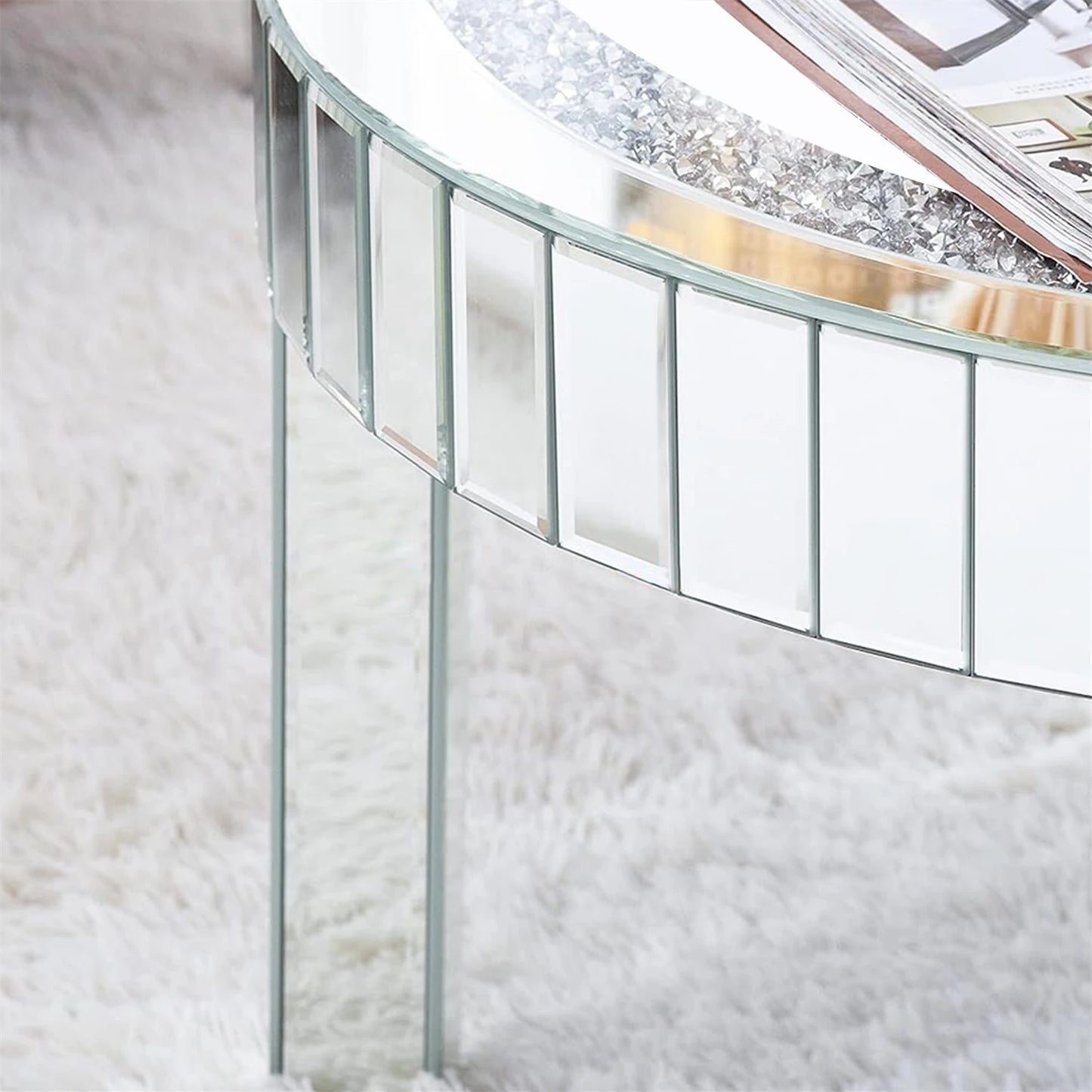 Crushed Crystal Round Mirrored Coffee Table Sparkle Diamond End Table