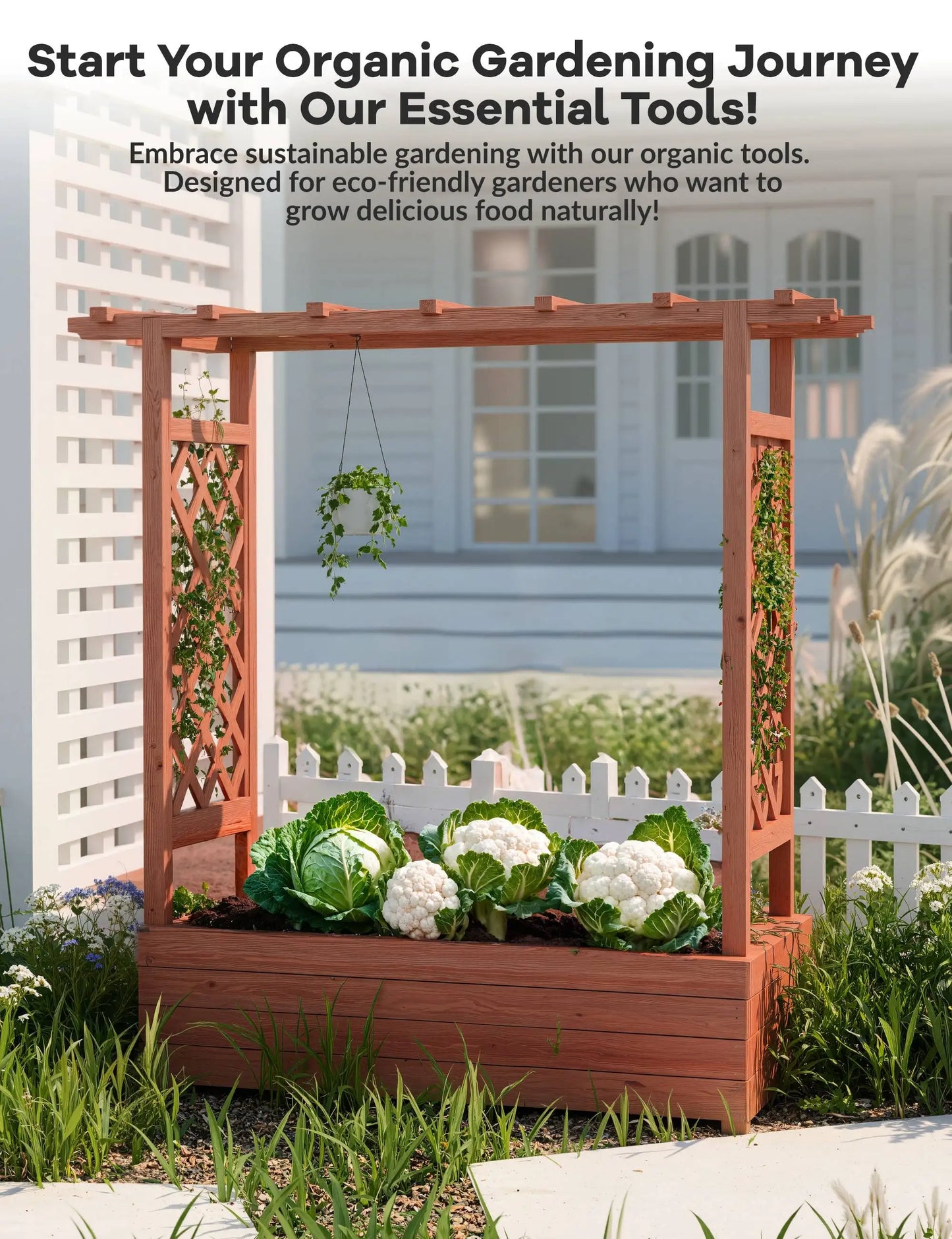 HiMISS Wooden Raised Garden Bed With Trellis Canopy Freestanding Planter For Gardeners Climbing Plants And Vines