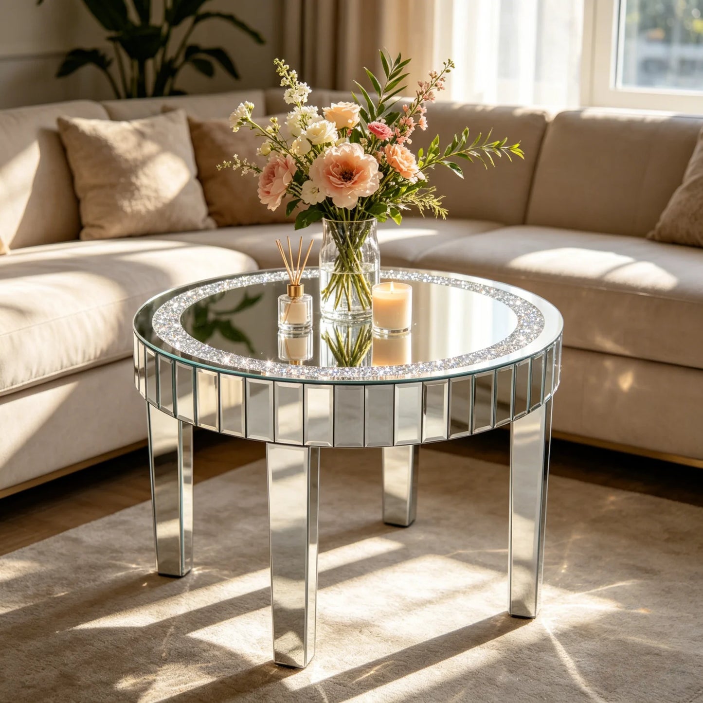 Crushed Crystal Round Mirrored Coffee Table Sparkle Diamond End Table