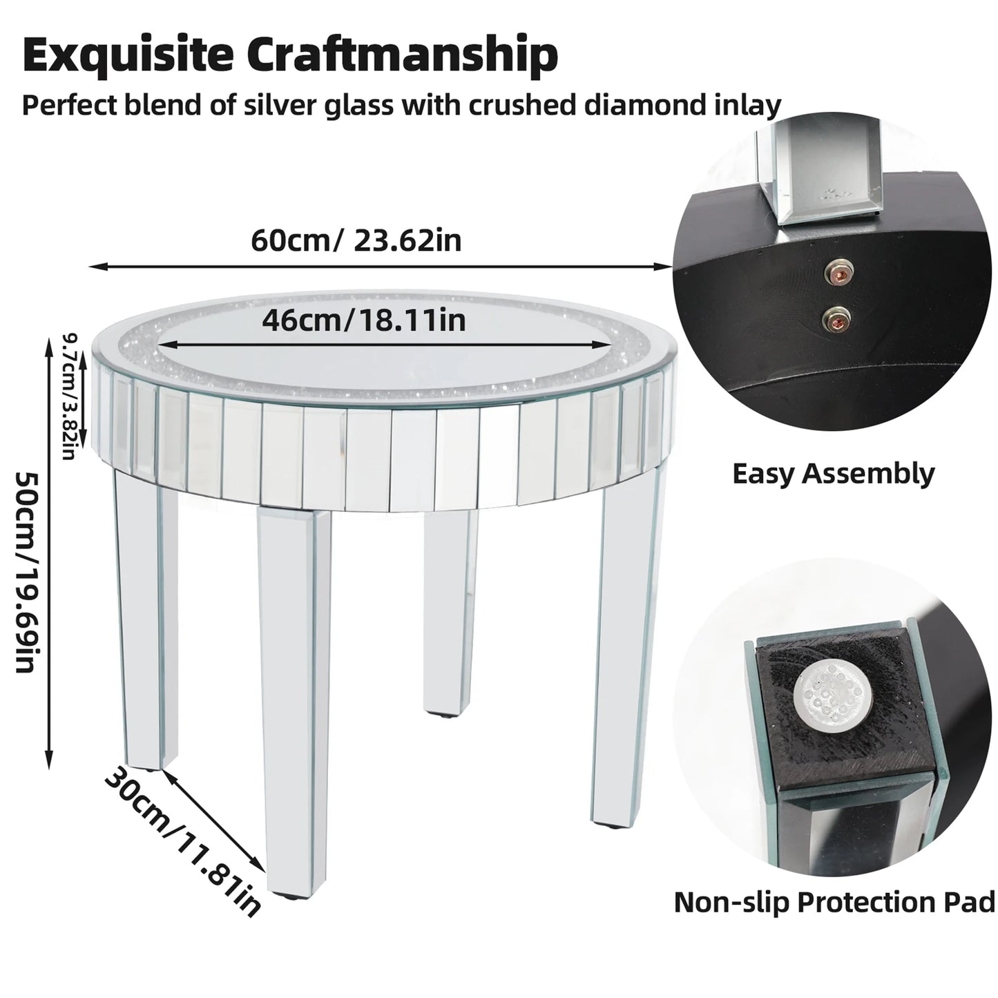 Crushed Crystal Round Mirrored Coffee Table Sparkle Diamond End Table