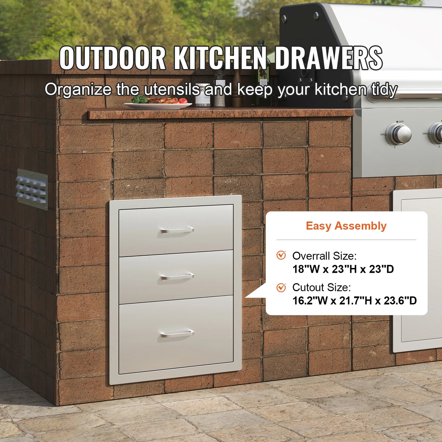 SucceBuy Stainless Steel Outdoor Kitchen Drawer With Handle Triple Layer For BBQ Island Grilling Cabinet Storage