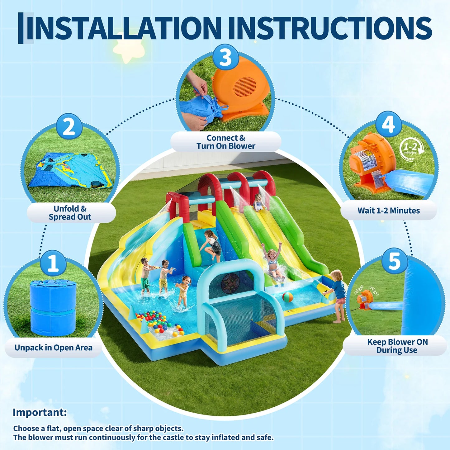 Inflatable Bounce Castle With Three Water Slides And Climbing Wall Splash Pool For Kids Backyard Indoor Outdoor