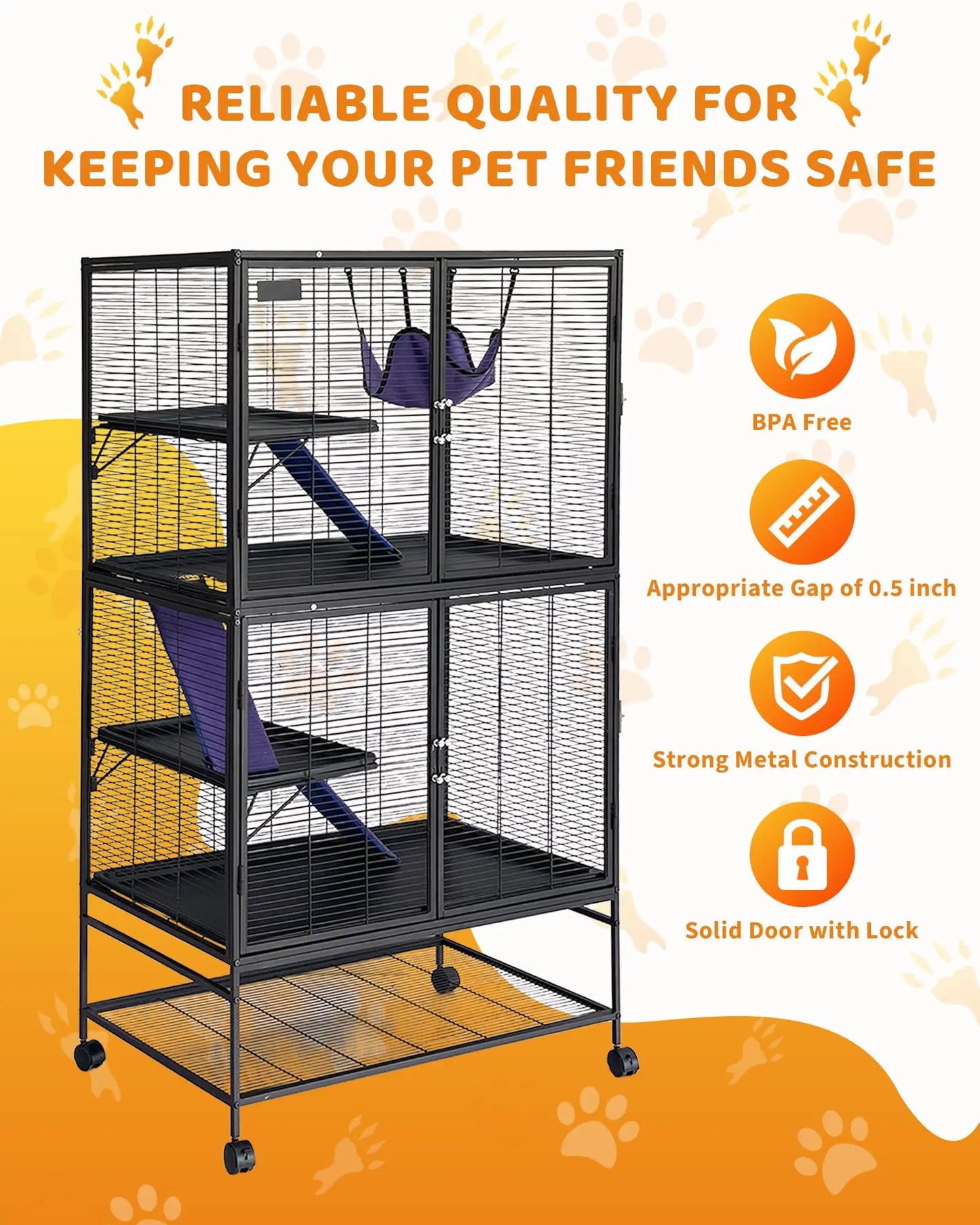 HiMISSCN Heavy Duty Small Animal Cage For Ferrets Chinchillas And Rabbits With Lockable Wheels And Removable Platforms