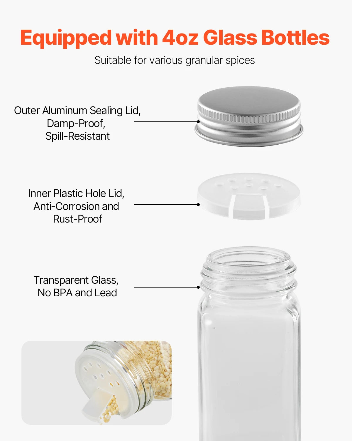 Spice Rack Organizer For Cabinet With Jars Lids Labels Funnel