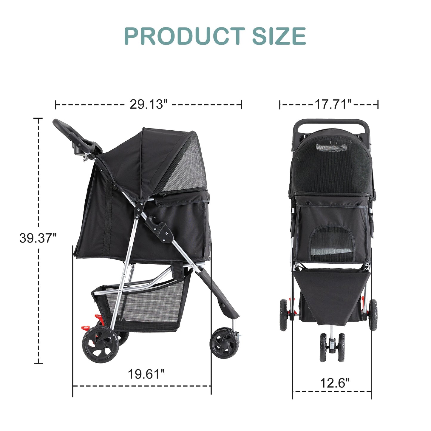 Three Wheel Foldable Pet Stroller With Mesh Windows For Small Dogs And Cats
