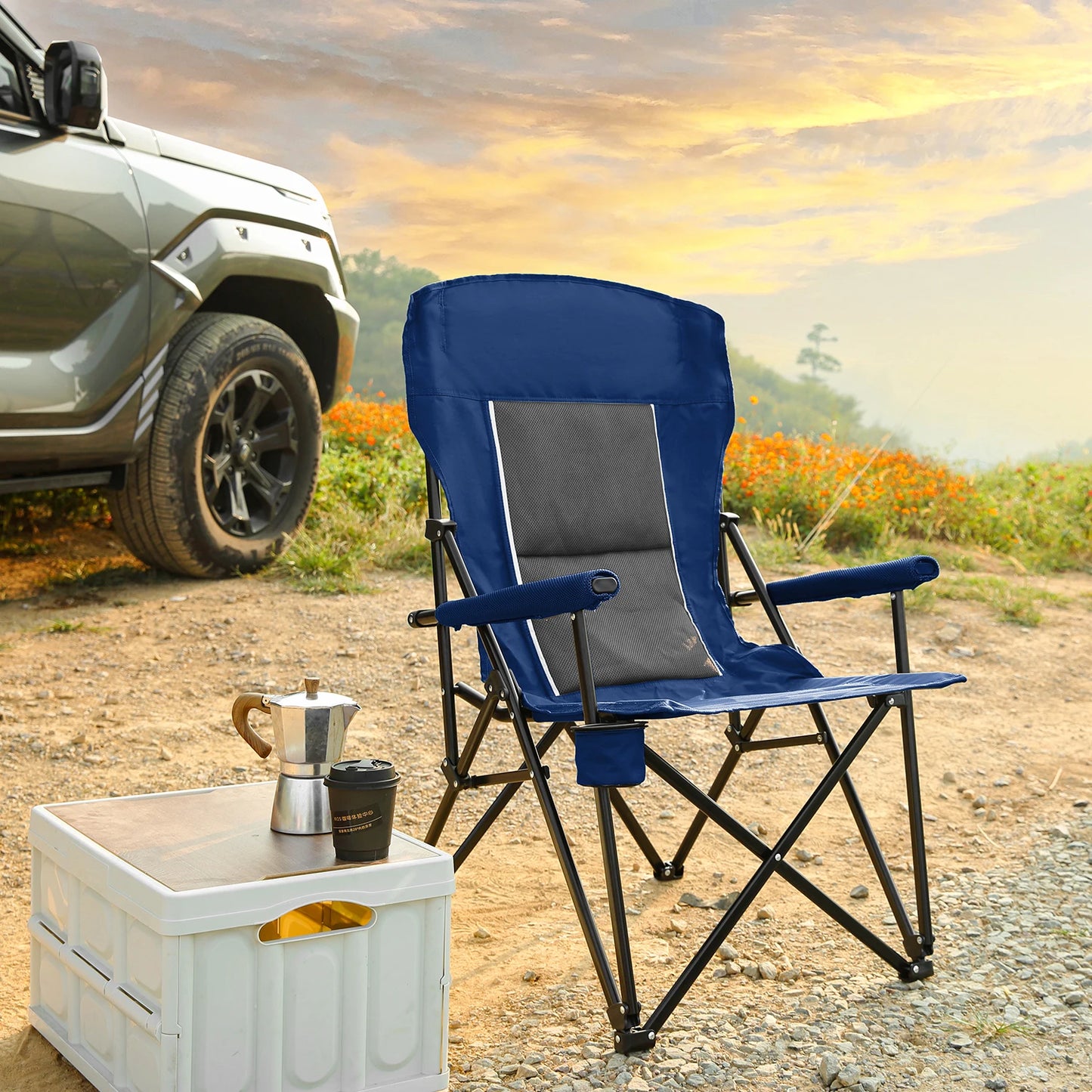 TwisterCK Outdoor Camping Chair Portable Folding Moon Chair With Armrests Drink Holder Backrest For Fishing