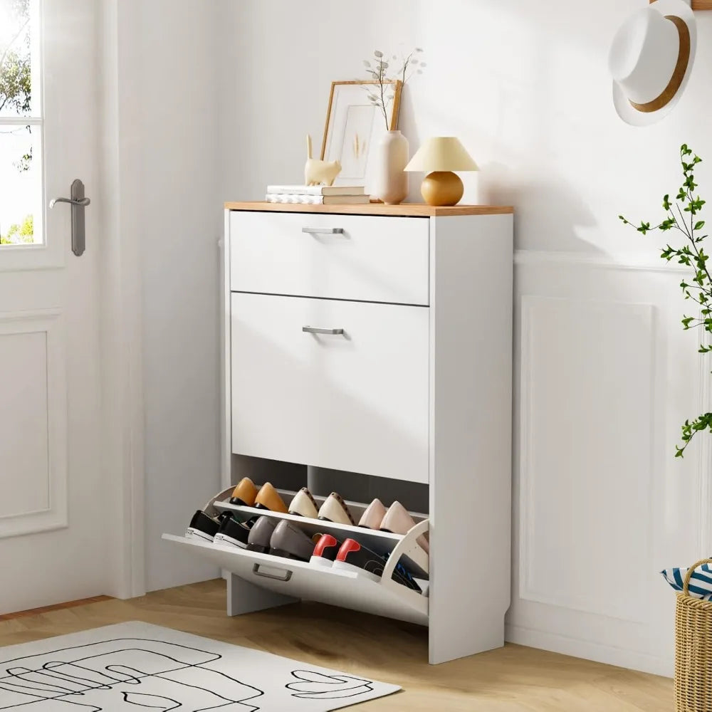 Ultra Slim Entryway Shoe Cabinet With Flip Drawers And Drop Down
