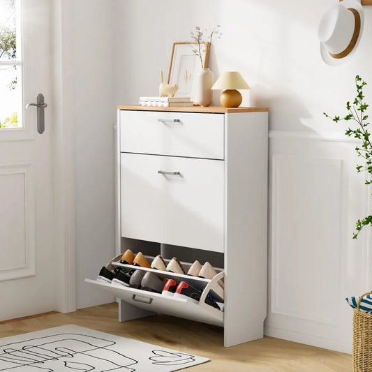 Ultra Slim Entryway Shoe Cabinet With Flip Drawers And Drop Down
