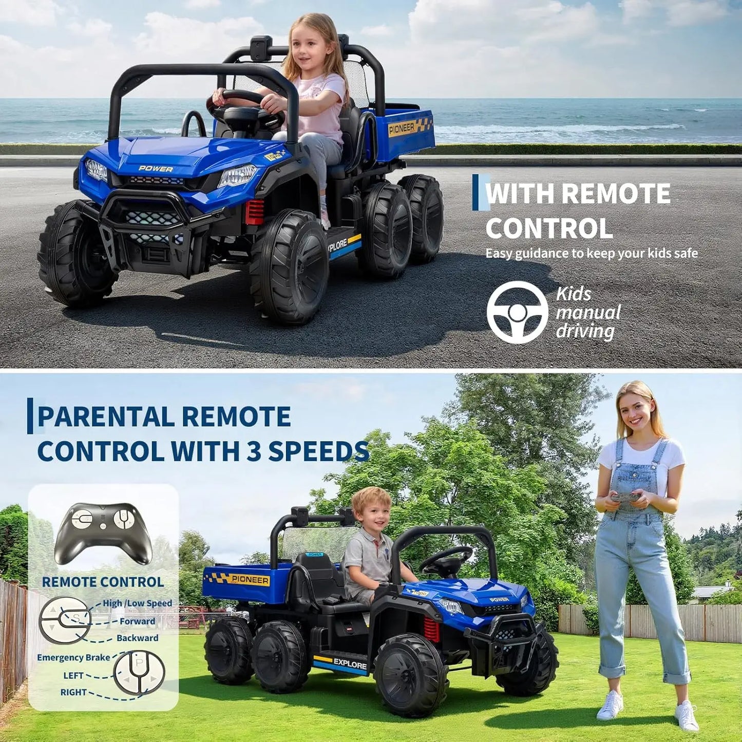 Powerful 24V 4WD Dual Seater Ride On Dump Truck With Remote Dump Bed Music For Boys And Girls