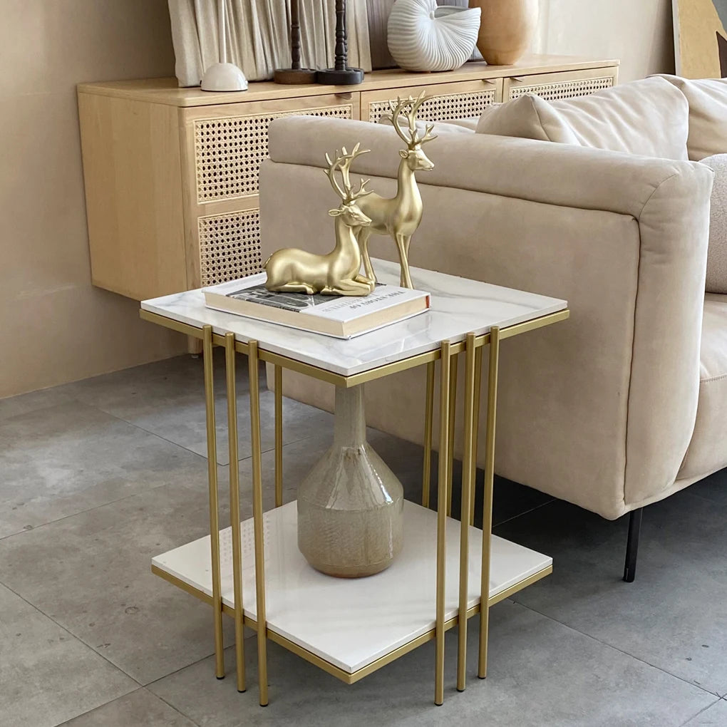 Two Tier Square Side Table With Metal Gold Frame And Sintered Stone Top