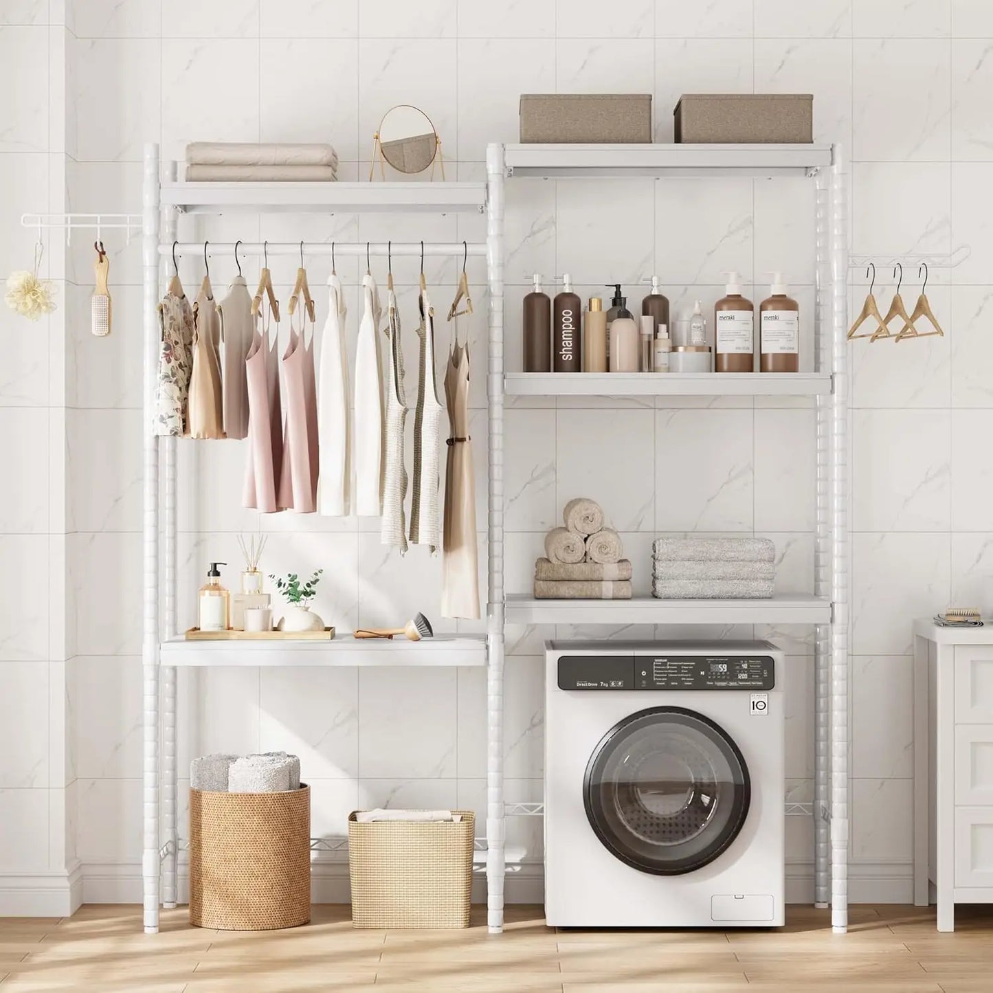 Over Washer Dryer Shelf 5 Tier Wood Laundry Organizer With Adjustable Height And Drying Rack Twisterck For Laundry Rooms