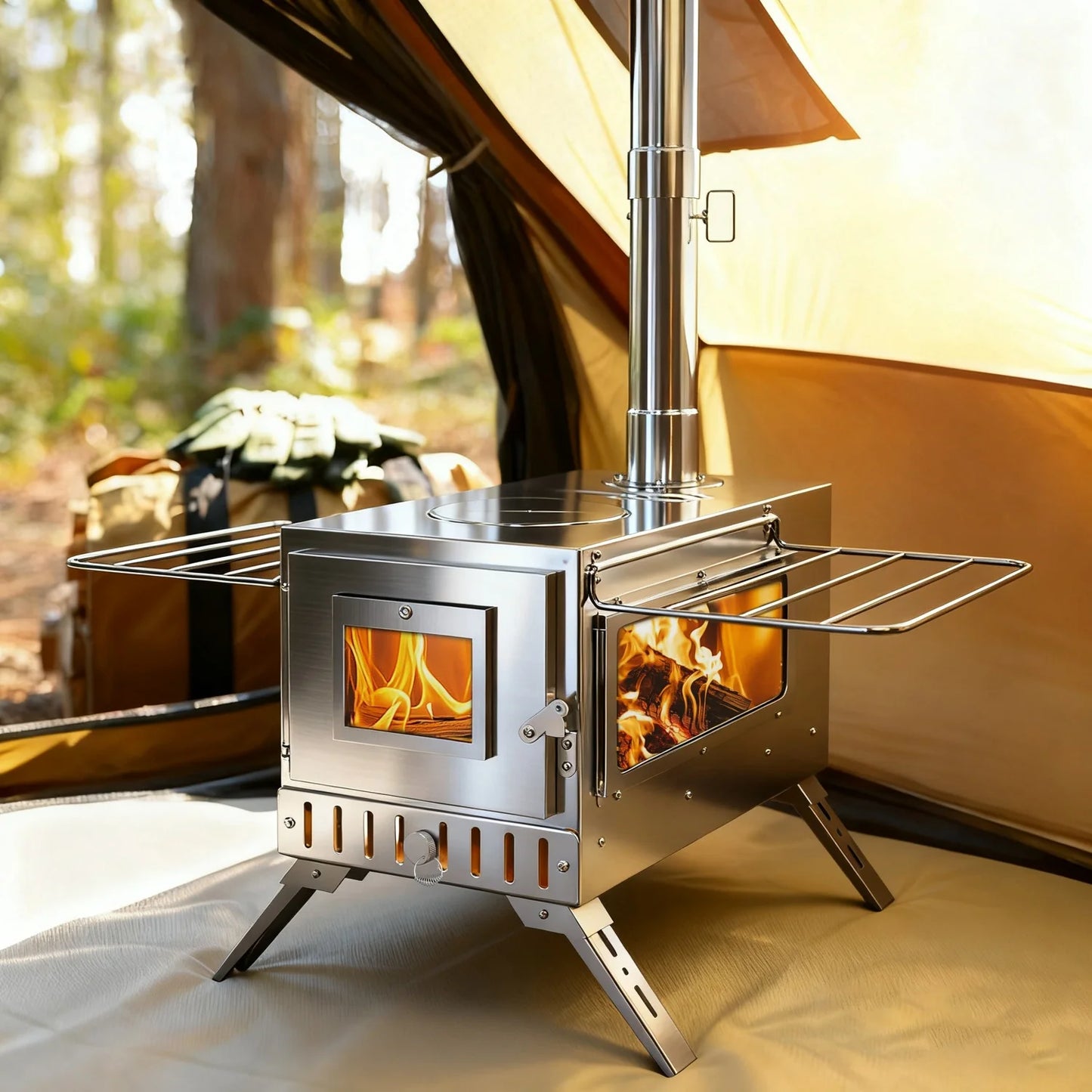 Portable Camping Wood Stove Stainless Steel With 7 Chimney Pipes