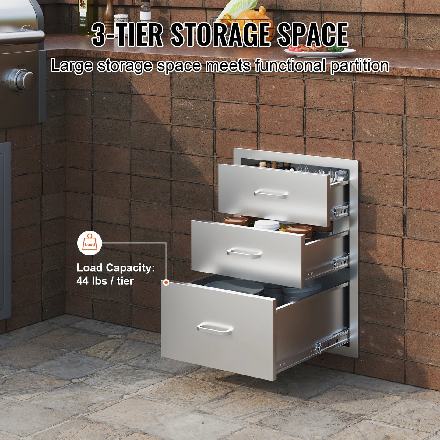 SucceBuy Stainless Steel Outdoor Kitchen Drawer With Handle Triple Layer For BBQ Island Grilling Cabinet Storage