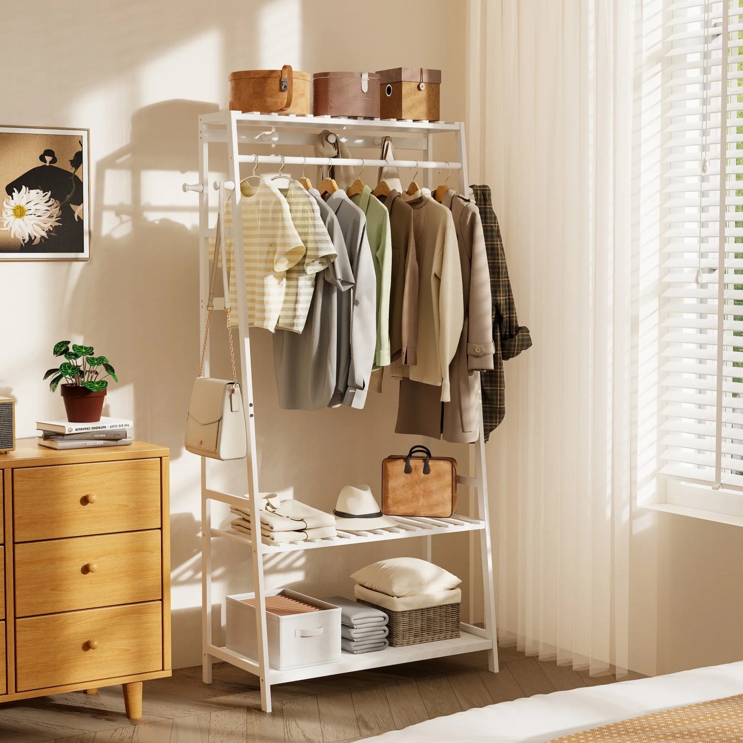 Bamboo Free Standing Garment Coat Rack With 10 Hooks