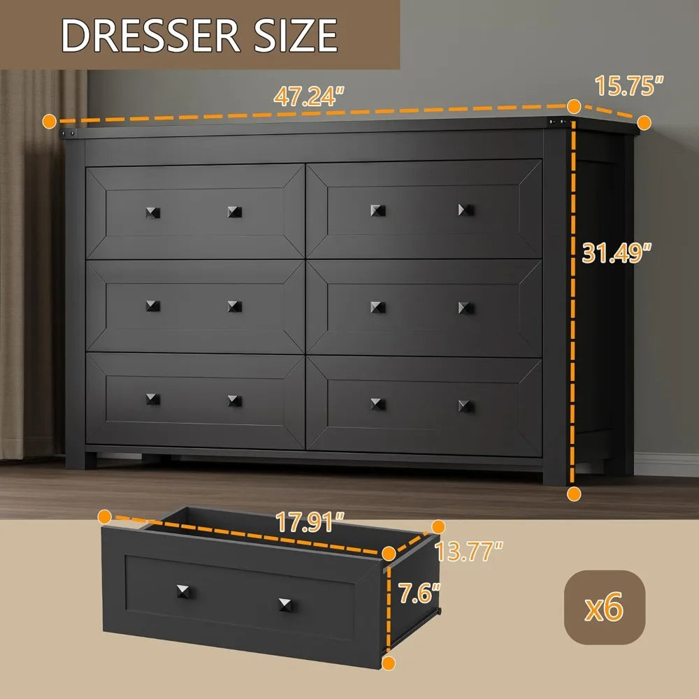Modern 6-Drawer Dresser and TV Stand with Wood Finish