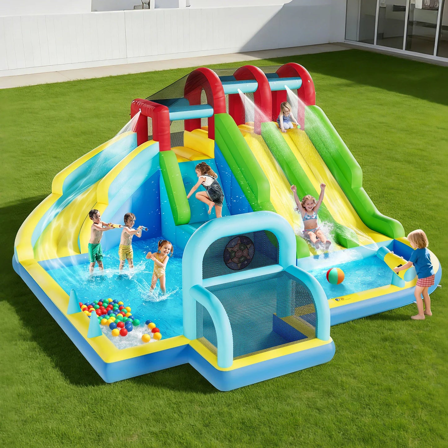 Inflatable Bounce Castle With Three Water Slides And Climbing Wall Splash Pool For Kids Backyard Indoor Outdoor
