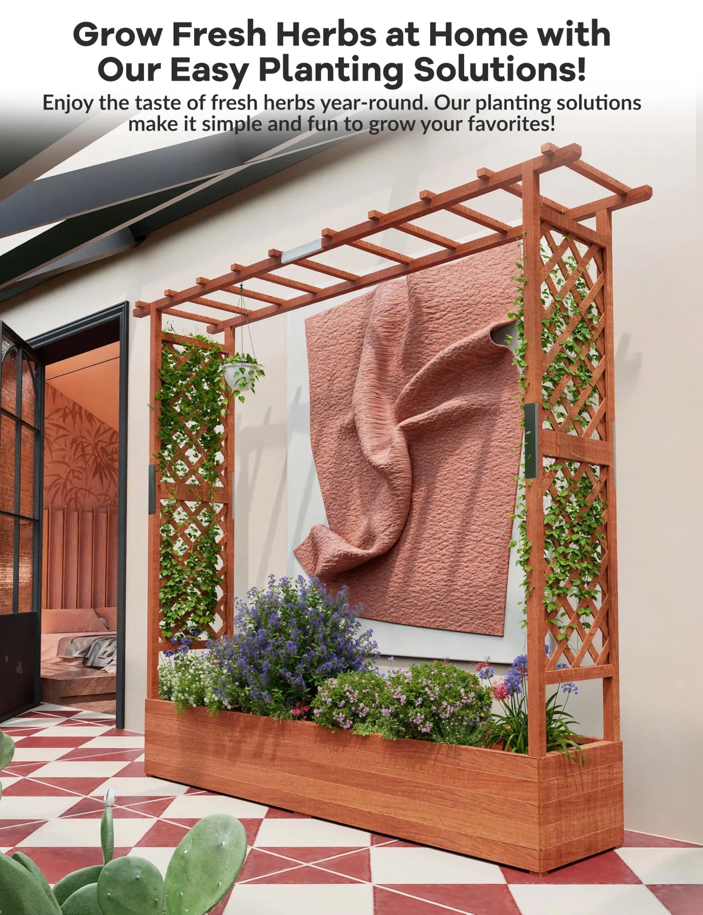 HiMISS Wooden Raised Garden Bed With Trellis Canopy Freestanding Planter For Gardeners Climbing Plants And Vines