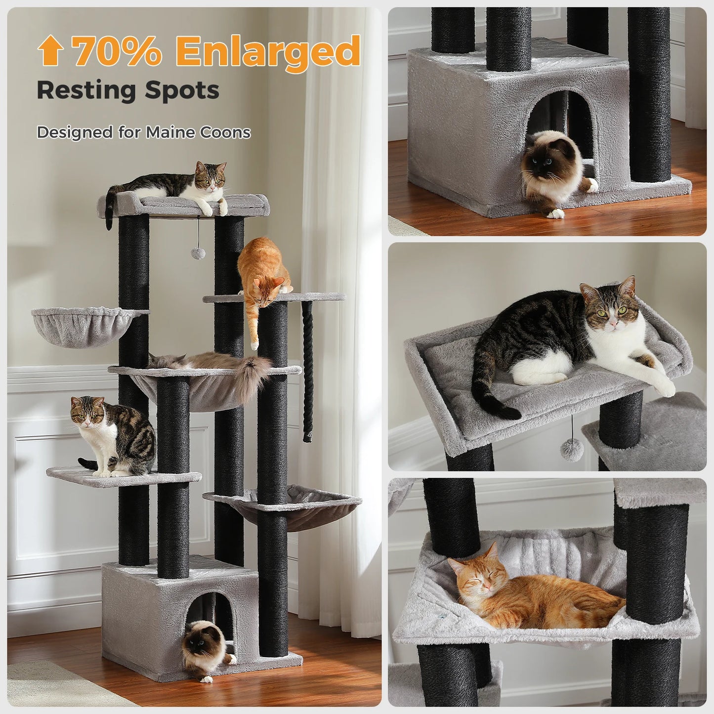 PAWZ Road Premium Large Cat Tree For Big Cats 170cm Tall Multi Level Cat House With Hammock And 11 Sisal Posts