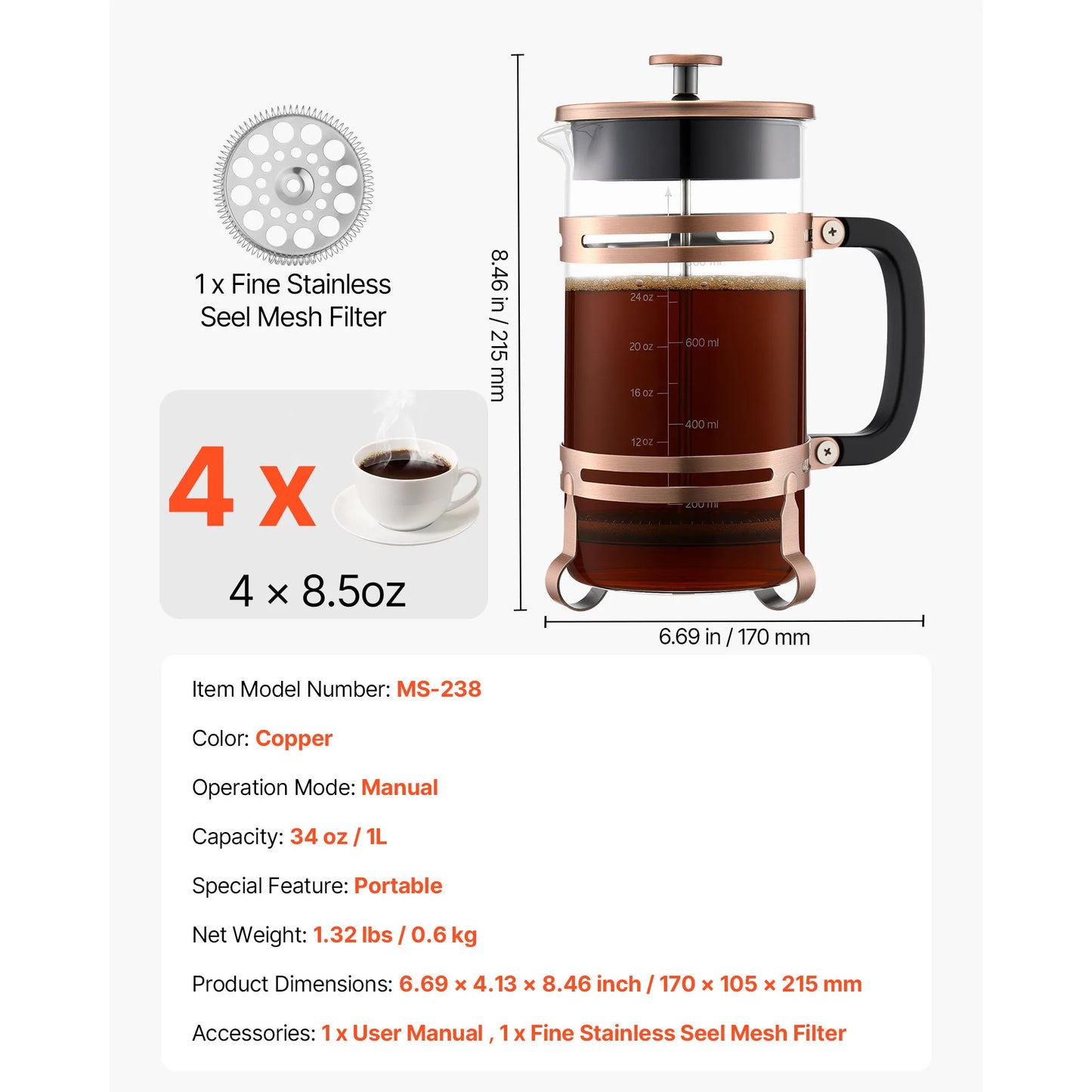 SucceBuy French Press Coffee Maker Portable Borosilicate Glass 34 Oz 1L With Stainless Steel Filter Camping Travel Home
