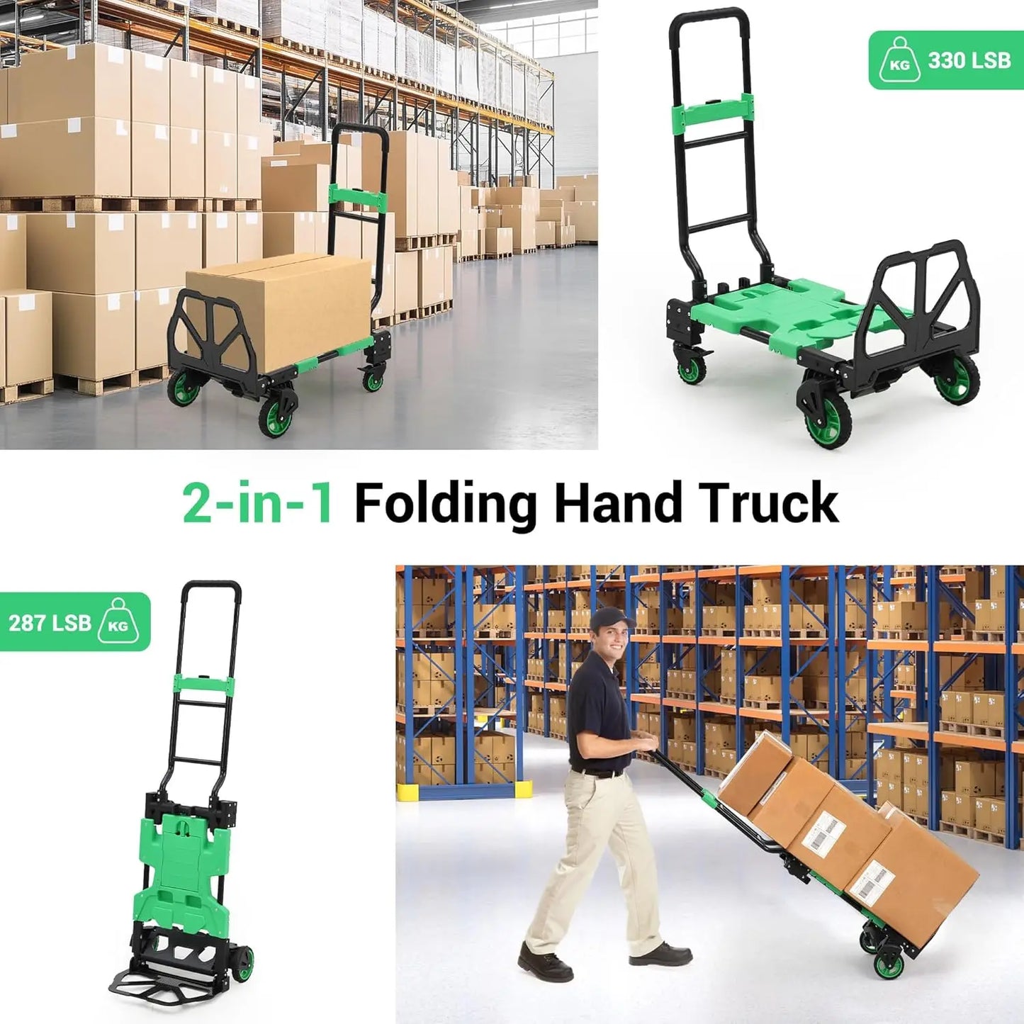 Heavy Duty 2 In 1 Folding Hand Truck Dolly Cart With Foldable Basket 330 Lb Capacity 4 Wheels For Travel And Office