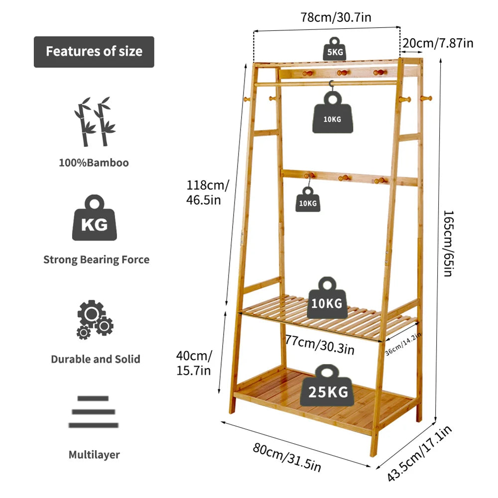 Bamboo Free Standing Garment Coat Rack With 10 Hooks