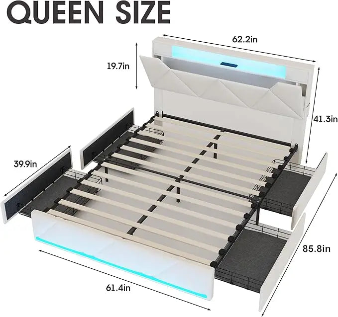 Full Bed Frame With Storage Headboard And Four Drawers
