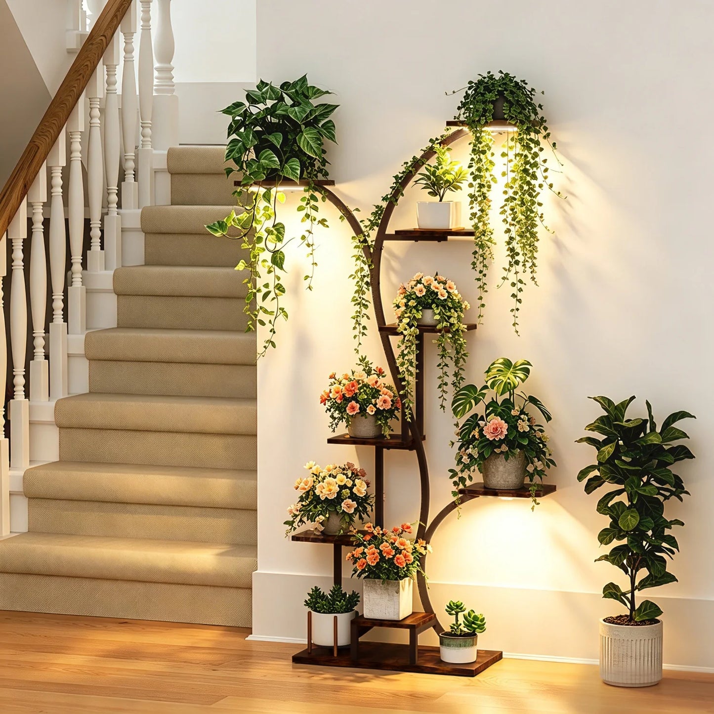 Tree Shaped Indoor Metal Plant Stand With Grow Lights