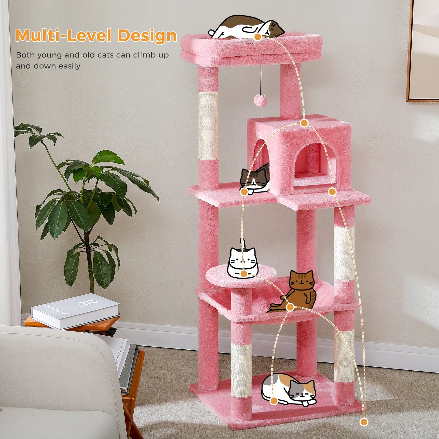 PAWZ Road Pink Multi Level Cat Tree For Indoor Cats With Large Hammock Sisal Scratching Posts Cozy Condo And Top Perch
