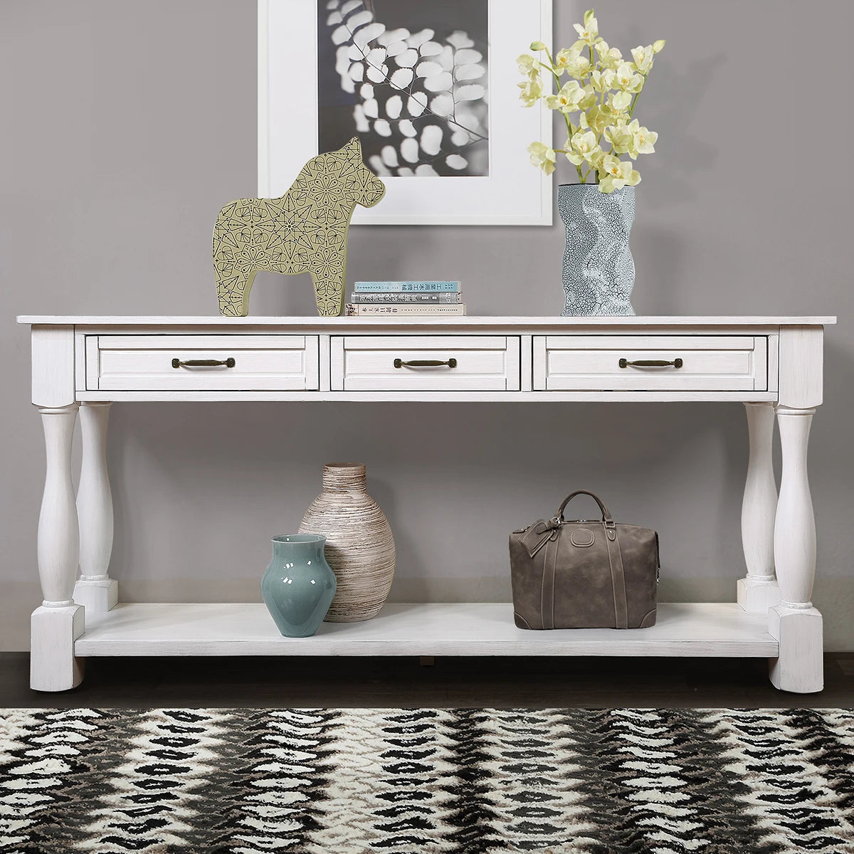 TWISTER.CK Wood Console Table With Premium Solid Wood Frame And 3 Drawers For Entryways And Hallways