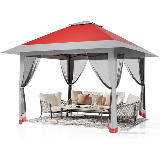 Pop Up Gazebo 13x13 Ft Folding Canopy With Cantilevered Eaves One-Touch Roll-Up For Backyard