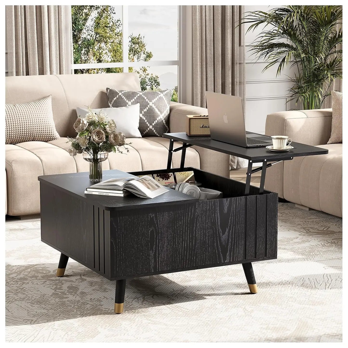 Round Coffee Table With Hidden Slidable Storage Door Modern Walnut