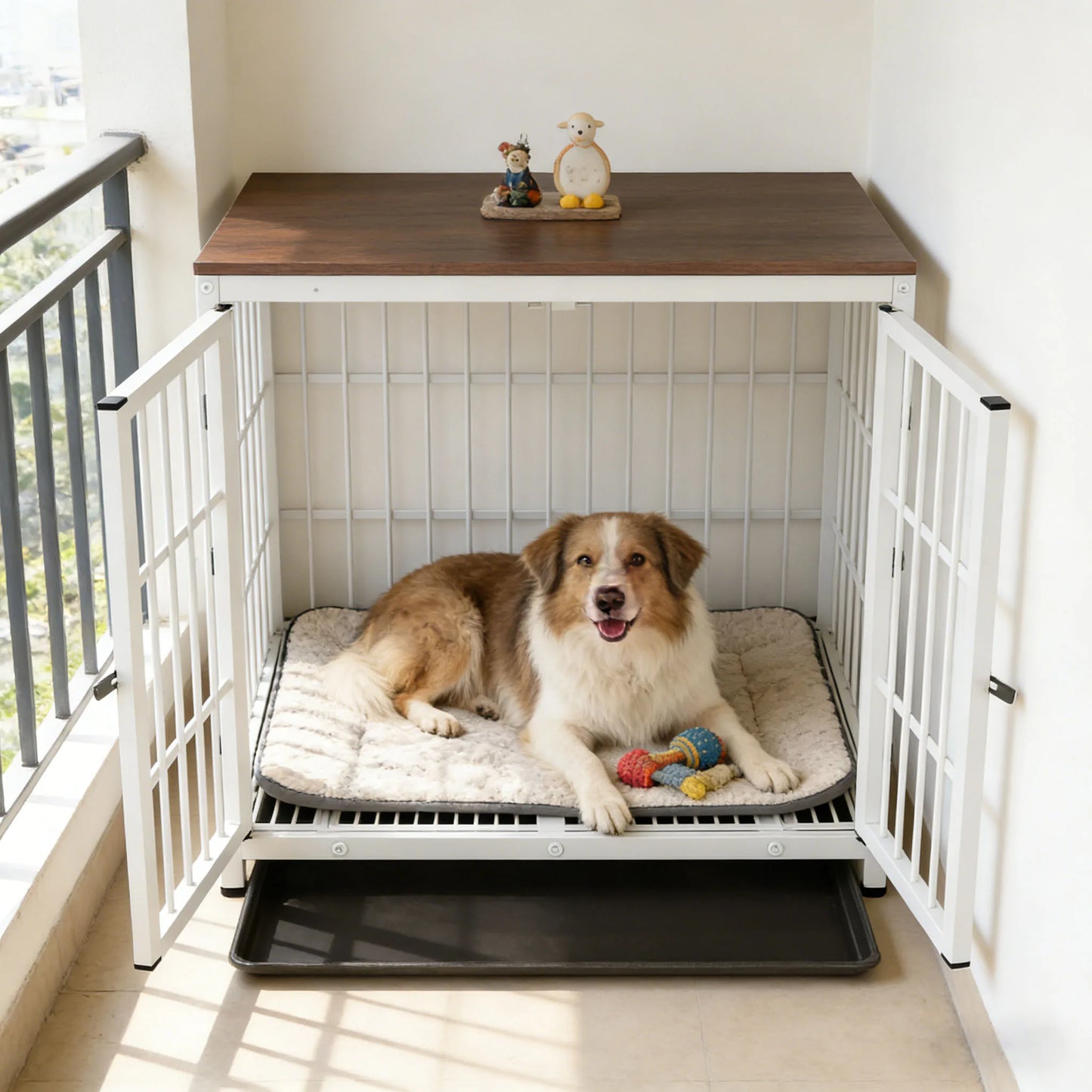 BINGOPAW Wooden Dog Crate Table With Three Doors Removable Tray