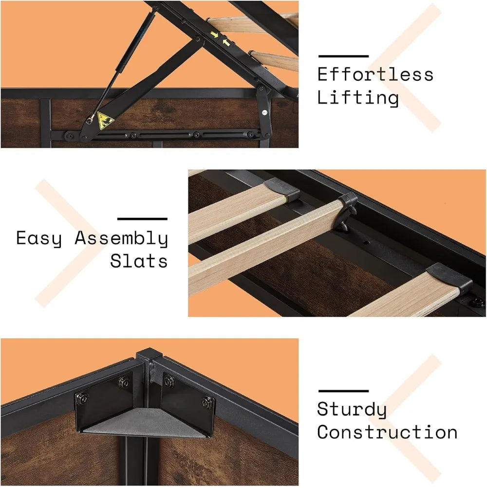 Lift Up Storage Bed Frame With Solid Wood Slats Platform