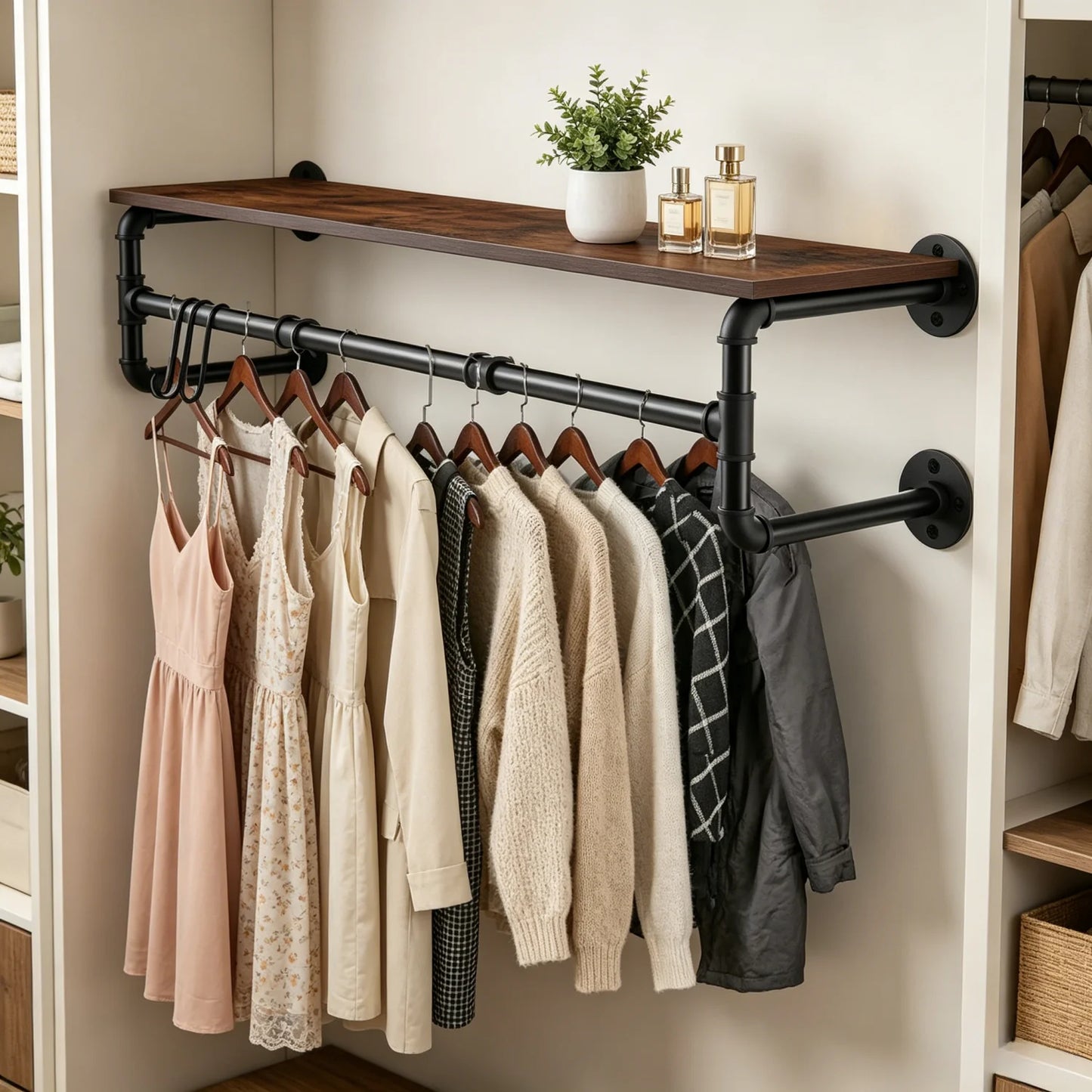 Metal Pipe Wall Mounted Clothes Rack With Wood Shelf