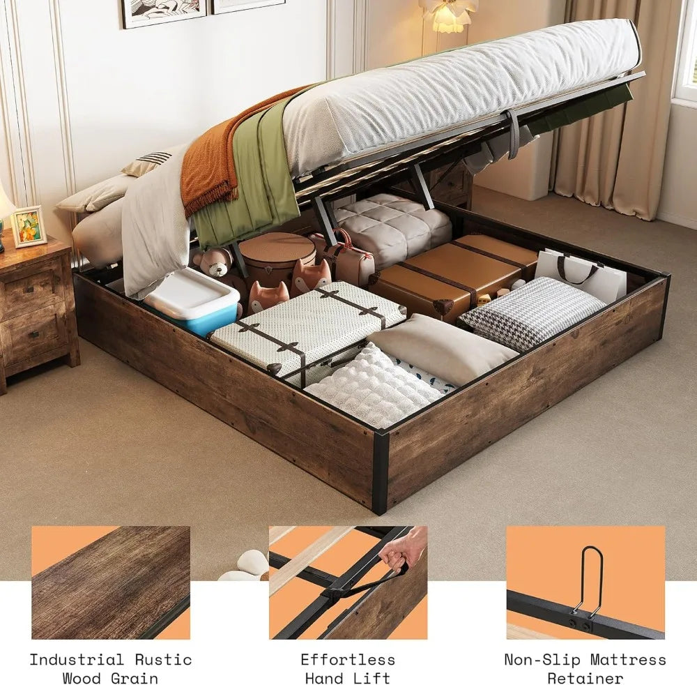Lift Up Storage Bed Frame With Solid Wood Slats Platform
