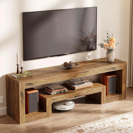 Little Tree Farmhouse TV Stand With Open Storage Shelves