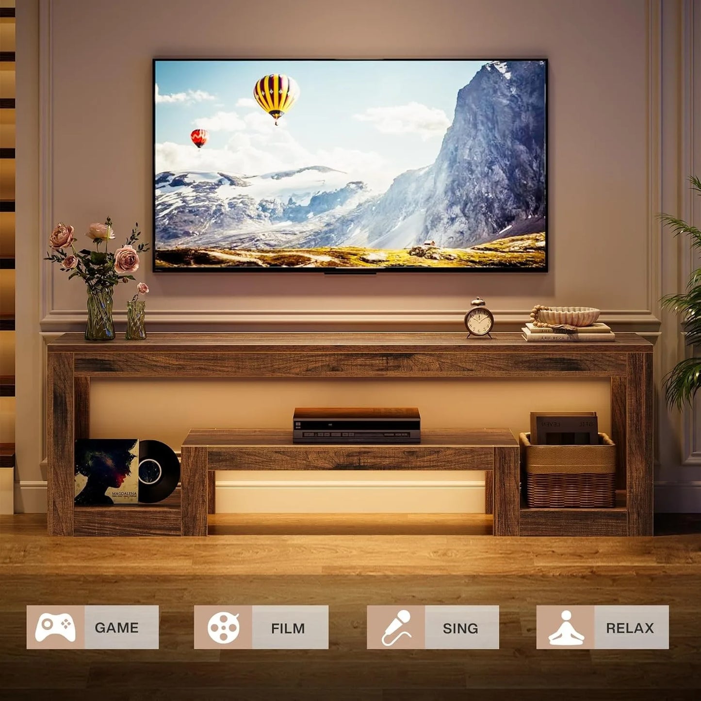 Little Tree Farmhouse TV Stand With Open Storage Shelves