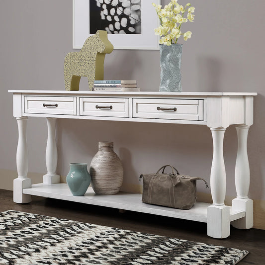TWISTER.CK Wood Console Table With Premium Solid Wood Frame And 3 Drawers For Entryways And Hallways