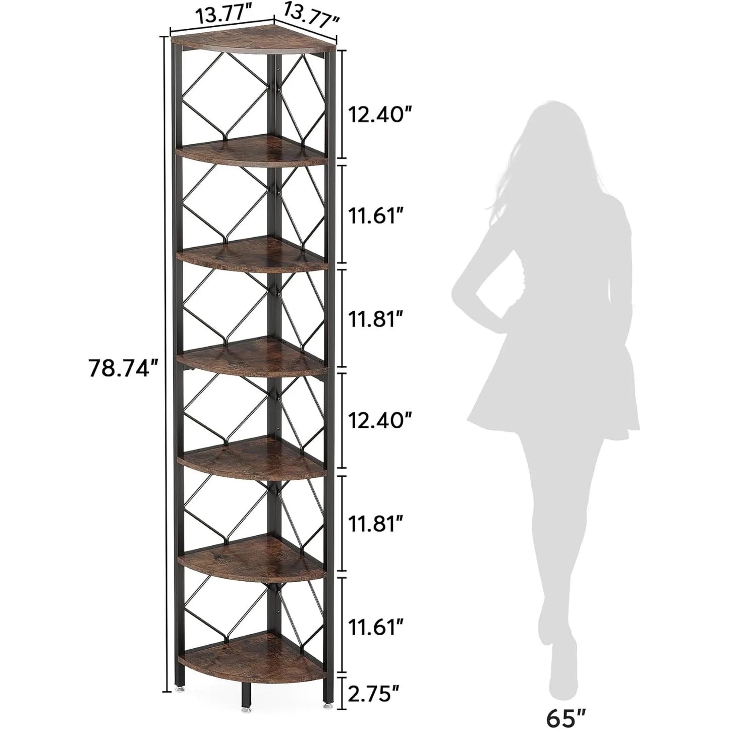 Little Tree 7-Tier Industrial Slim Corner Shelf Living Room Wood Storage Rack