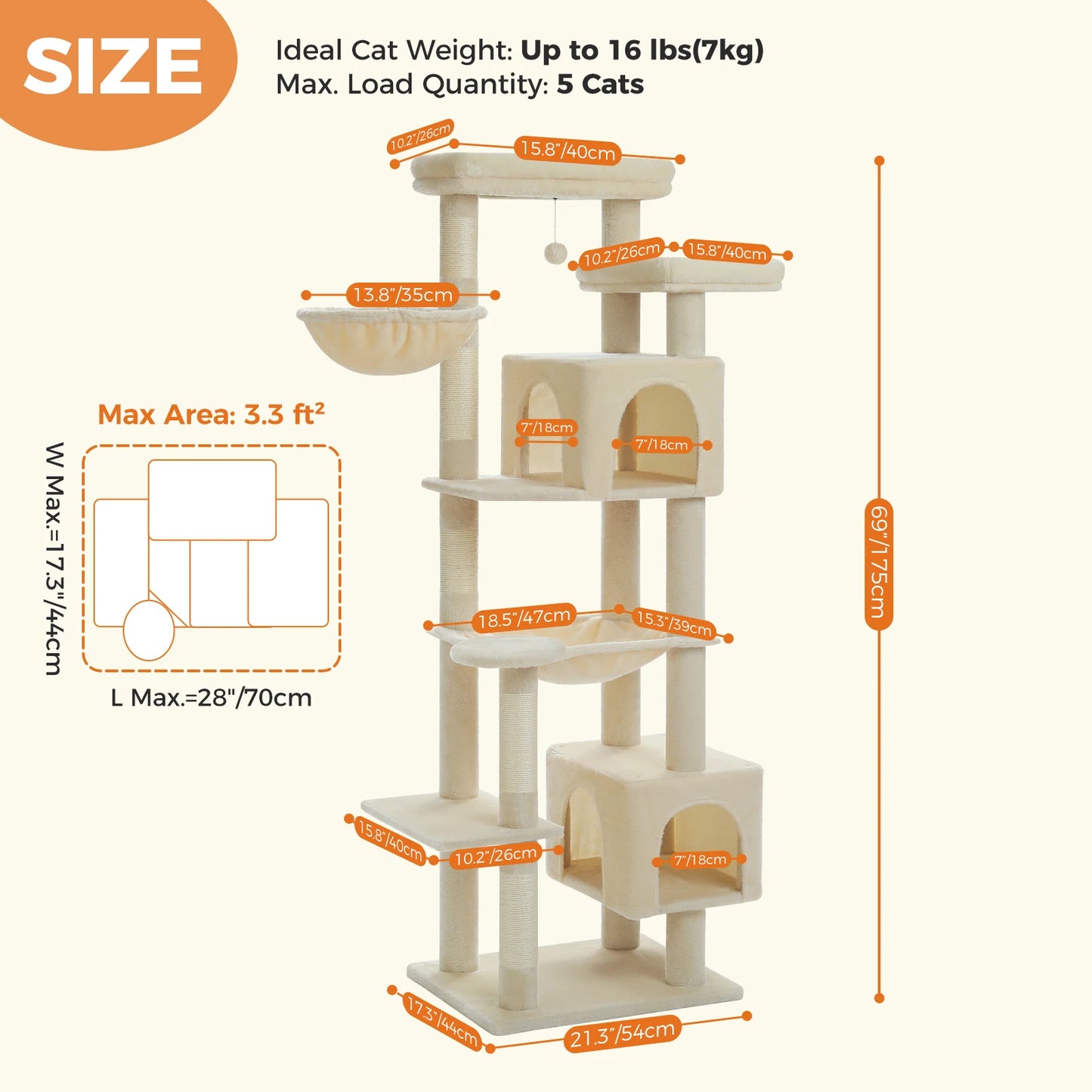 PAWZ Road Tall Cat Tree For Indoor Cats Five Tier With Super Large Hammock And Scratching Posts