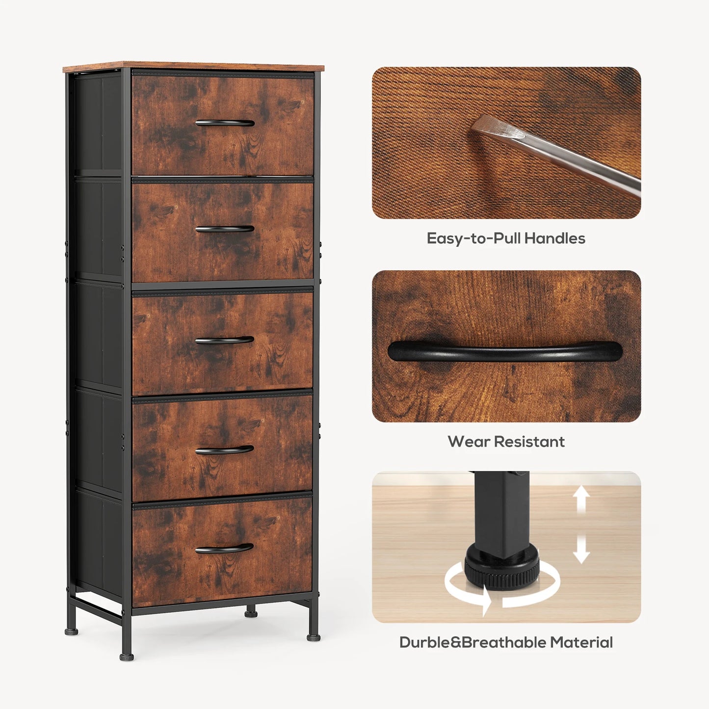 JHK Modern Dresser With 5 Fabric Drawers And Steel Frame
