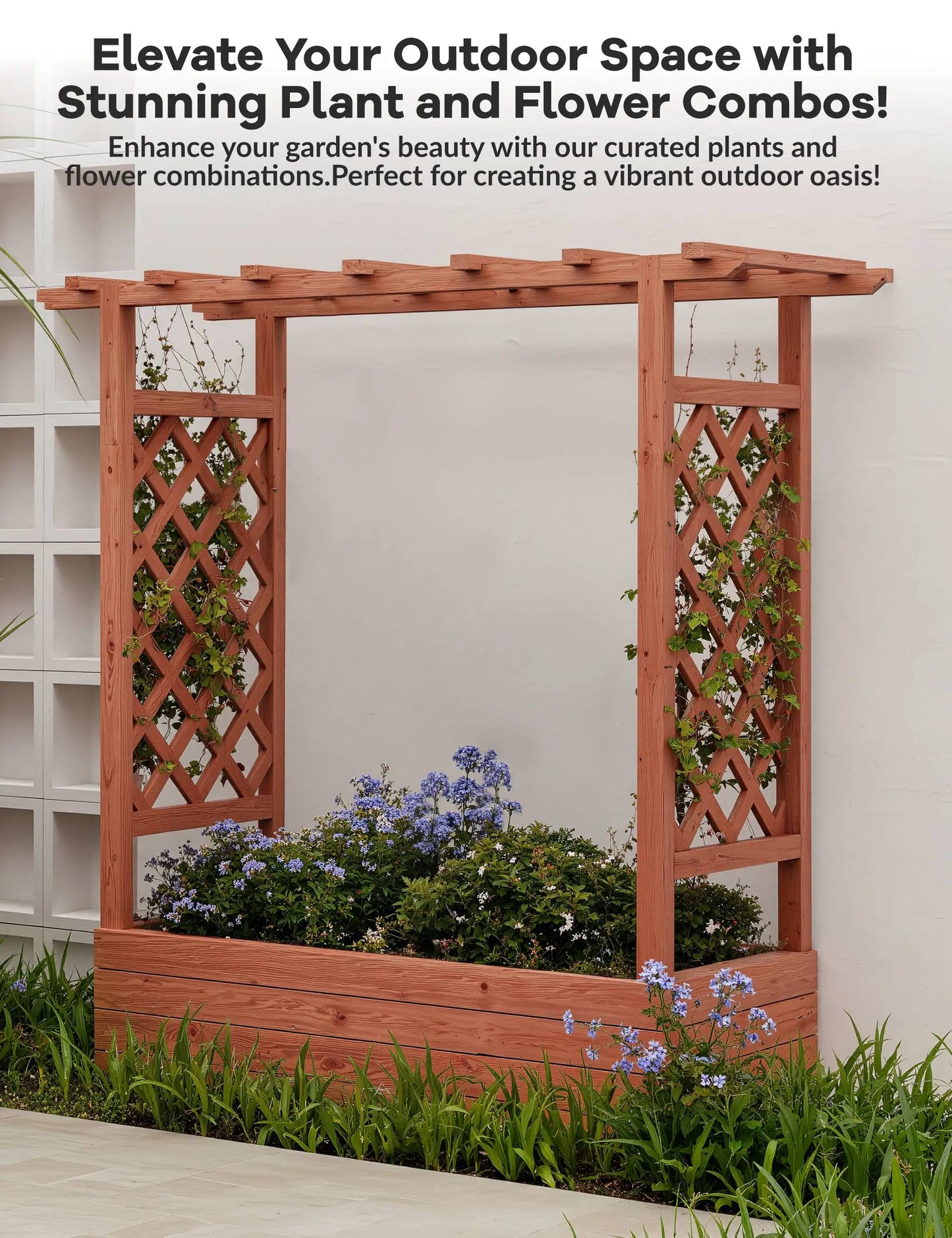 HiMISS Wooden Raised Garden Bed With Trellis Canopy Freestanding Planter For Gardeners Climbing Plants And Vines