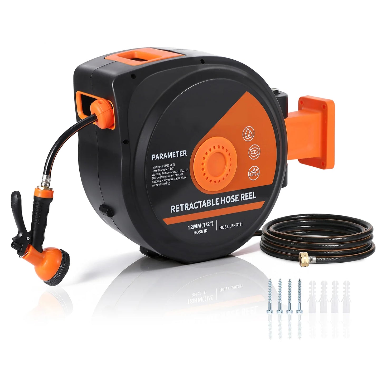 HiMISS Retractable Garden Hose Reel Wall Mounted Heavy Duty With 180 Degree Swivel Slow Retraction For Homeowners
