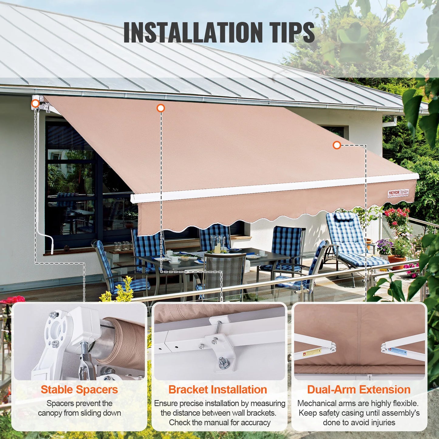 SucceBuy Manual Retractable Awning Outdoor Sun Shade Water Resistant Polyester