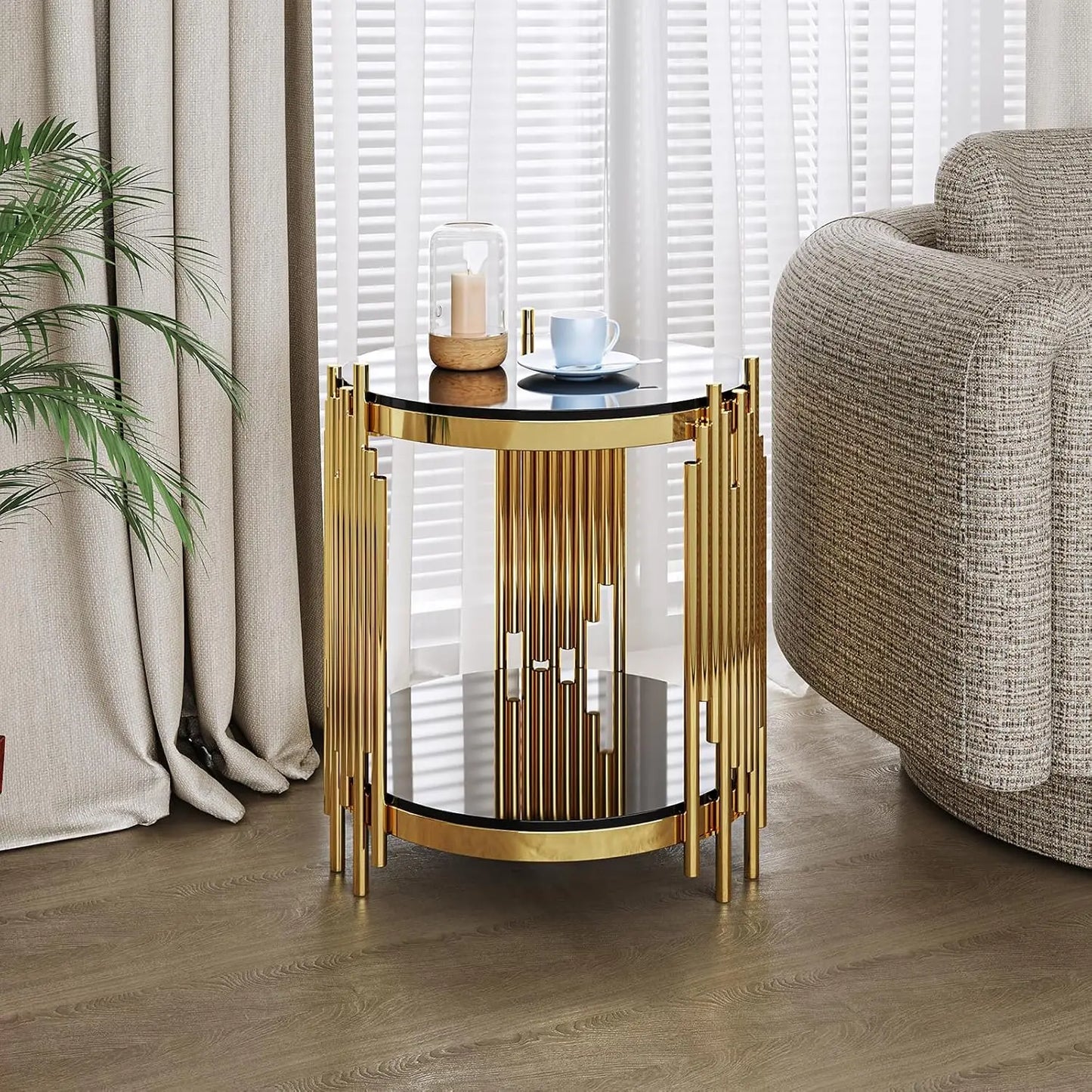 Sofa Side Table With Tempered Glass And Stainless Steel Frame