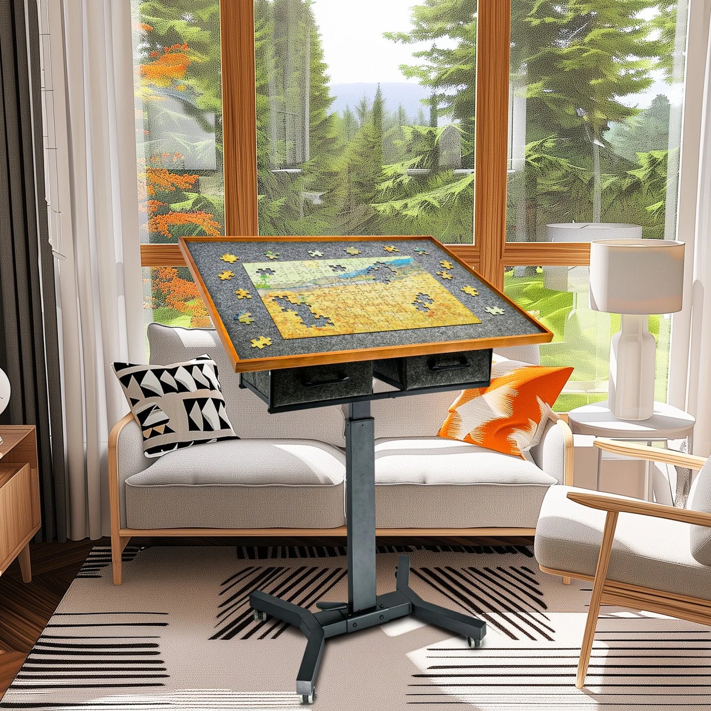 Jigsaw Puzzle Table For Adults With Adjustable Tilt, Wheels, Storage Drawers