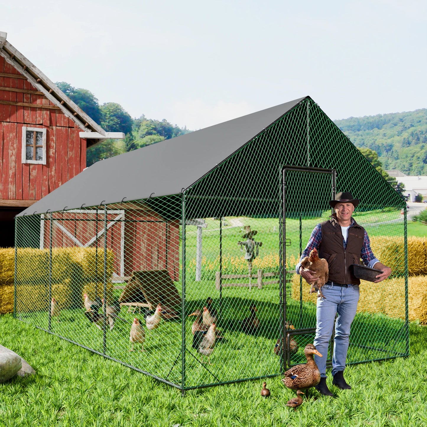BINGOPAW Heavy-Duty Metal Chicken Coop With Cover And Netting
