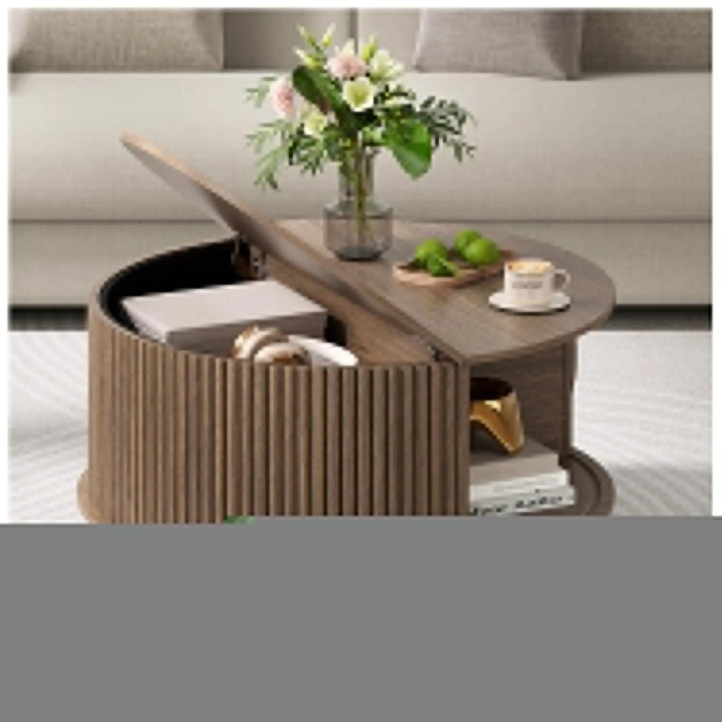 Round Coffee Table With Hidden Slidable Storage Door Modern Walnut