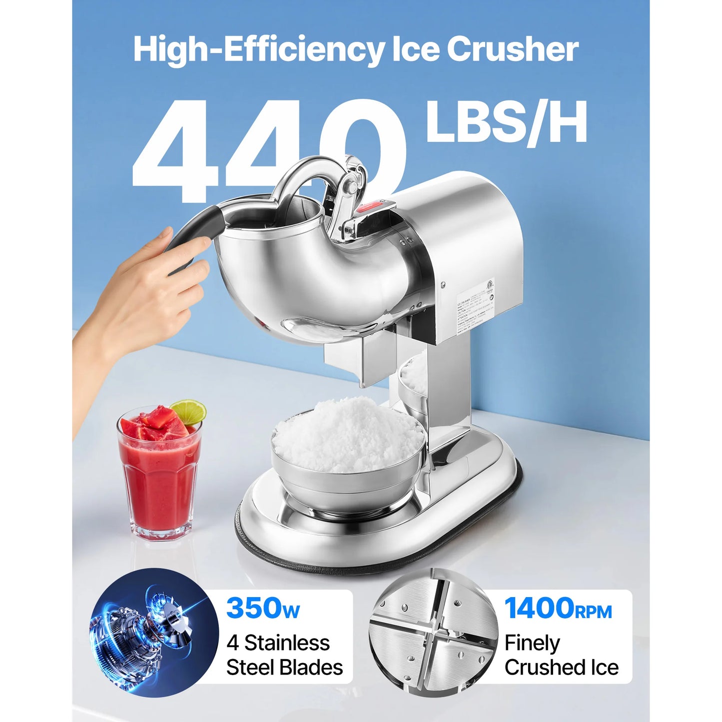 SucceBuy Ice Crusher Machine 440 Lb Per Hour 4 Blade Shaver For Home Use With Bowl And Cover 350W 1400RPM