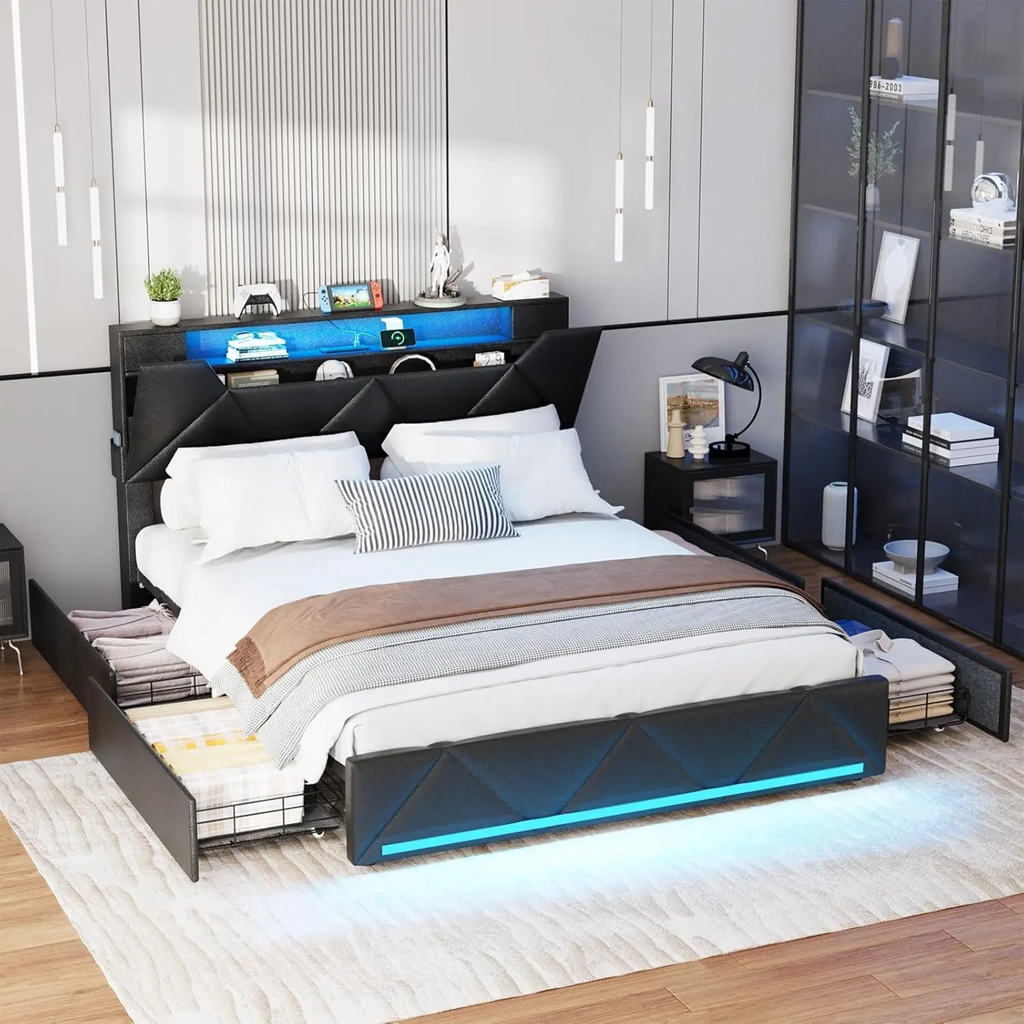 Full Bed Frame With Storage Headboard And Four Drawers